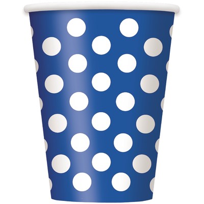 Royal Blue 12oz Paper Cups with White Polka Dots Pk 6 
