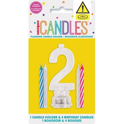 Number 2 Flashing Cake Candle Holder & Candles