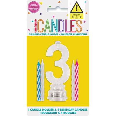 Number 3 Flashing Cake Candle Holder & Candles