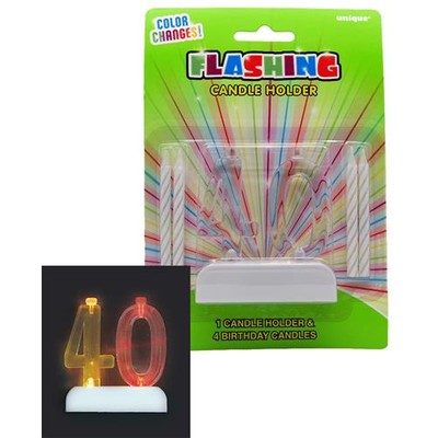 Number 40 Flashing Candle Holder & Candles Pk 1
