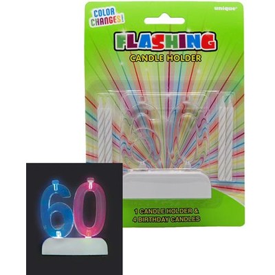 Number 60 Flashing Candle Holder & Candles Pk 1