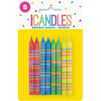 Bright Striped Cake Candles (Pk 8)