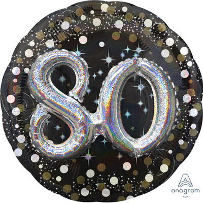 Black & Silver Holographic 80th Birthday 3D Supershape Foil Balloon Pk 1