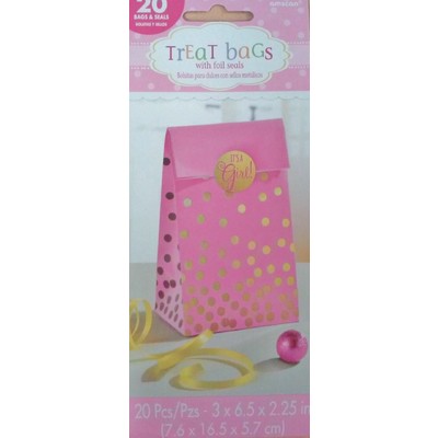 Its A Girl Pink Baby Shower Loot Bags with Gold Dots Pk 20 