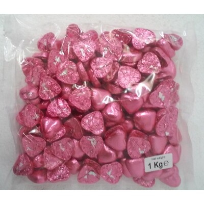 Pink Foil Wrapped Chocolate Hearts (1kg) Approx. 140 Hearts