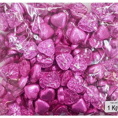 Hot Pink Foil Wrapped Chocolate Hearts (1kg) Approx. 140 Hearts
