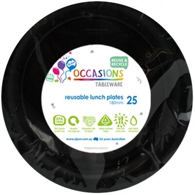 Reusable Black Plastic Lunch Plates 18cm (Pk 25)