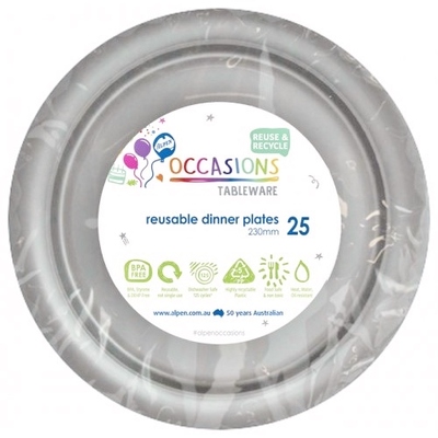 Reusable Silver Plastic Dinner Plates 23cm (Pk 25)