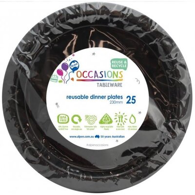 Reusable Black Plastic Dinner Plates 23cm (Pk 25)