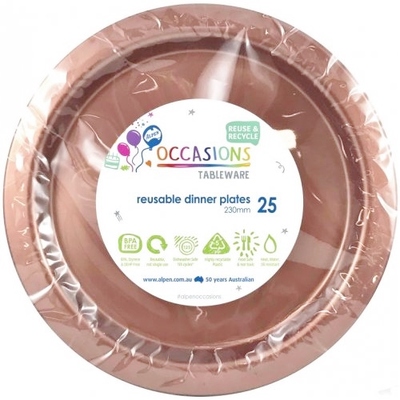 Reusable Rose Gold Plastic Dinner Plates 23cm (Pk 25)