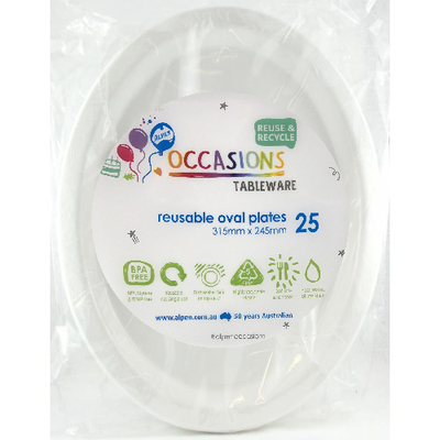 Reusable Large White Oval Plastic Plates (Pk 25)