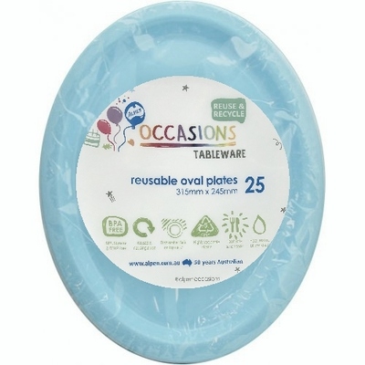 Reusable Large Light Blue Oval Plastic Plates (Pk 25)