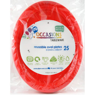 Reusable Large Red Oval Plastic Plates (Pk 25)