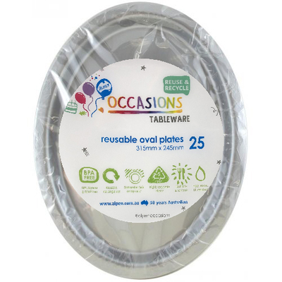 Reusable Large Silver Oval Plastic Plates (Pk 25)