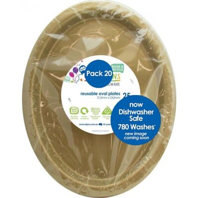 Reusable Large Gold Oval Plastic Plates (Pk 20)