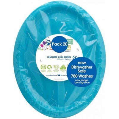 Reusable Large Azure Blue Oval Plastic Plates (Pk 20)