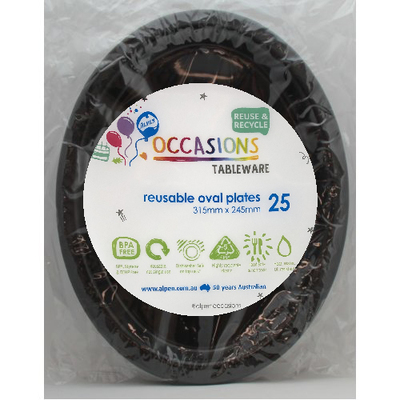 Reusable Large Black Oval Plastic Plates (Pk 25)