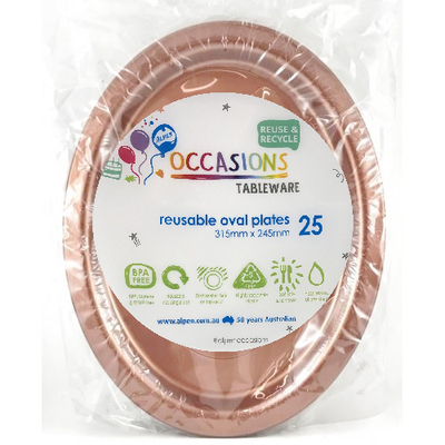 Reusable Large Rose Gold Oval Plastic Plates (Pk 25)