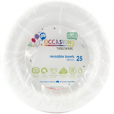 Reusable White Plastic Bowls 18cm (Pk 25)