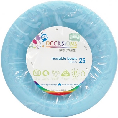 Reusable Light Blue Plastic Bowls 18cm (Pk 25)