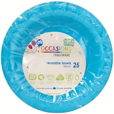 Reusable Azure Blue Plastic Bowls 18cm (Pk 25)