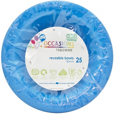 Reusable Royal Blue Plastic Bowls 18cm (Pk 25)