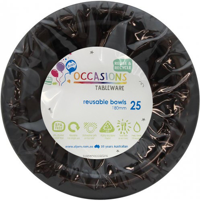 Reusable Black Plastic Bowls 18cm (Pk 25)