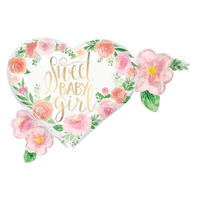 Sweet Baby Girl Floral Heart Foil Supershape Balloon