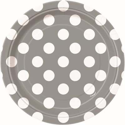 Silver 7in. Paper Plates with White Polka Dots Pk 8