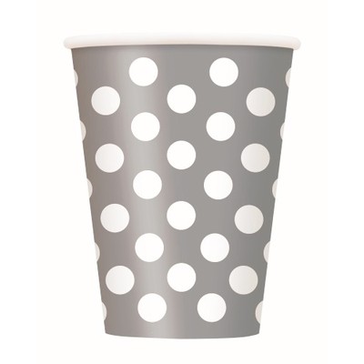Silver 12oz. Paper Cups with White Polka Dots Pk 6