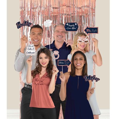 Navy & Rose Gold Wedding Photo Booth Props with Foil Backdrop Pk 21