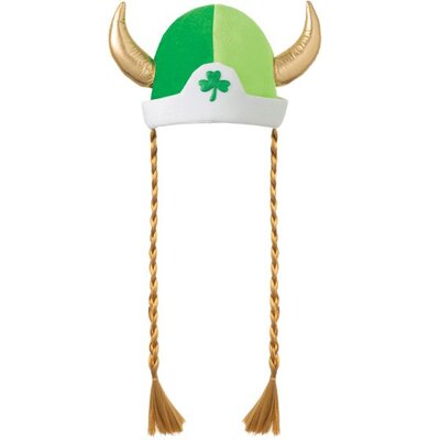 Green St Patricks Day Viking Hat with Gold Horns & Braids