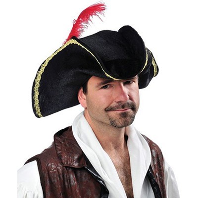 Pirate Buccaneer Black Hat with Gold Trim & Red Feather Pk 1