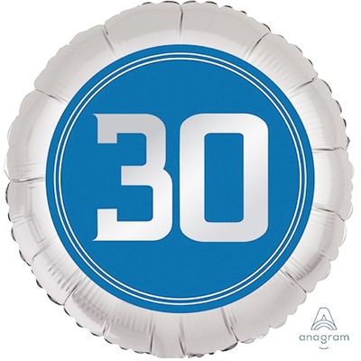 Silver & Blue Happy Birthday 30 Satin Foil Balloon (18in,45cm)