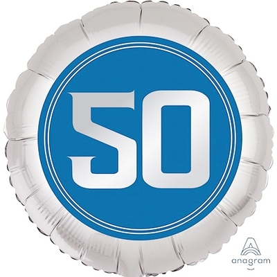 Silver & Blue Happy Birthday 50 Satin Foil Balloon (18in,45cm)