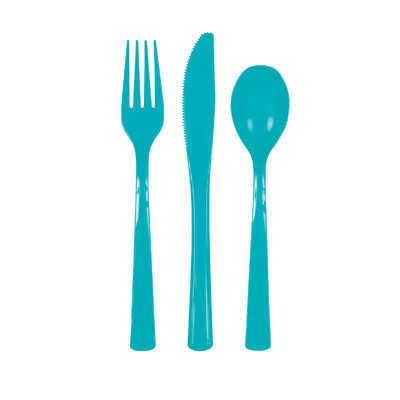 Caribbean Teal Plastic Cutlery Set (Forks Knives Spoons) Pk 18