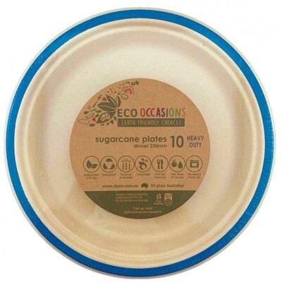 Sugar Cane Natural Eco Dinner Plate with Royal Blue Trim (22.5cm) Pk 10
