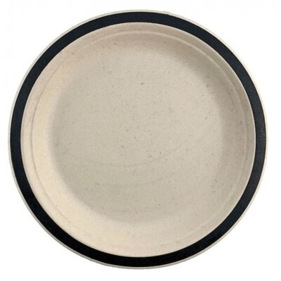 Sugar Cane Natural Eco Dinner Plate with Black Trim (22.5cm) Pk 10