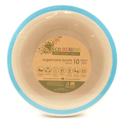 Sugar Cane Natural Eco Bowl with Blue Trim (16cm) Pk 10