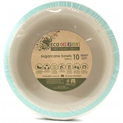 Sugar Cane Natural Eco Bowl with Mint Green Trim (16cm) Pk 10