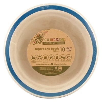 Sugar Cane Natural Eco Bowl with Royal Blue Trim (16cm) Pk 10