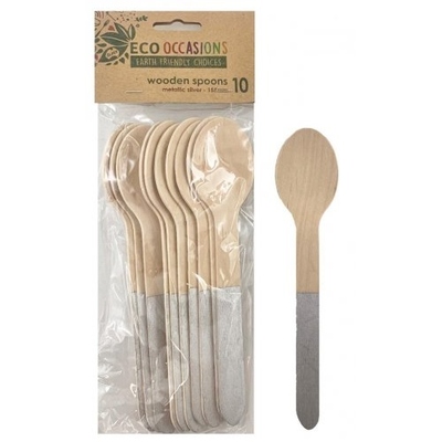 Silver Wooden Spoons (155mm) Pk 10