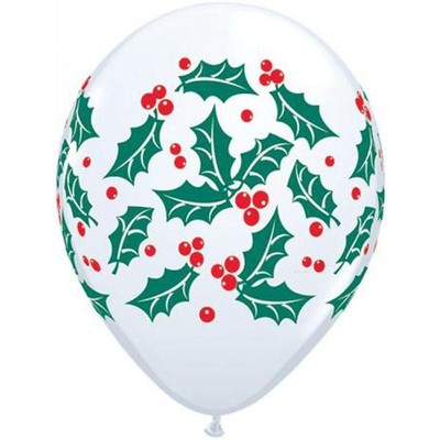 Christmas White 11in. Latex Balloons with Holly & Berry Print Pk 50