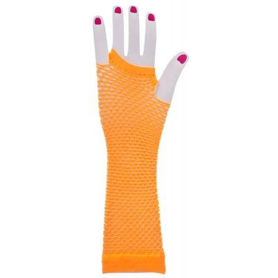 Long Neon Orange Fingerless Fishnet Gloves (1 Pair)