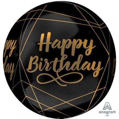 Happy Birthday Black & Gold Orbz Balloon (38cm x 40cm) Pk 1