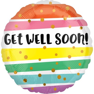 Get Well Soon Foil Balloon Coloured Stripe & Gold Dot 43cm Air or Helium