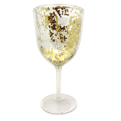 Premium Clear Plastic with Gold Glitter 450ml Wine Glass