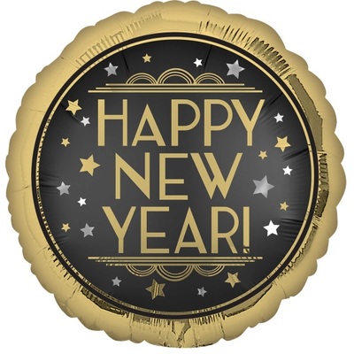 Black & Gold Vintage Happy New Year Foil Balloon (18in, 45cm) Pk 1