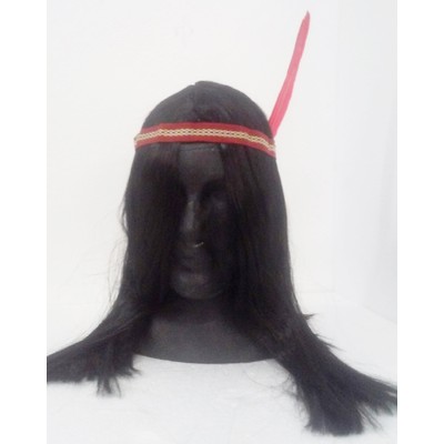 Long Black Indian Brave Wig with Feather Headband Pk 1
