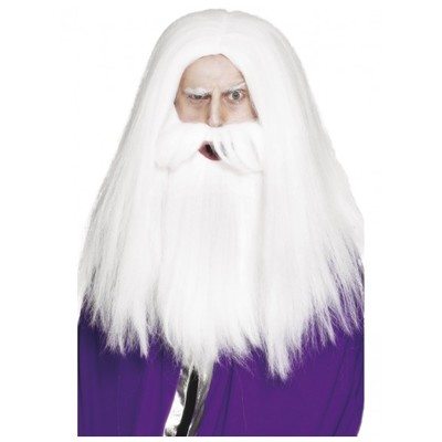 Magician Long White Wig & Beard Set Pk 1